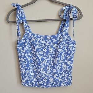 Old Navy Blue and White Smocked Tie Front Tank Top